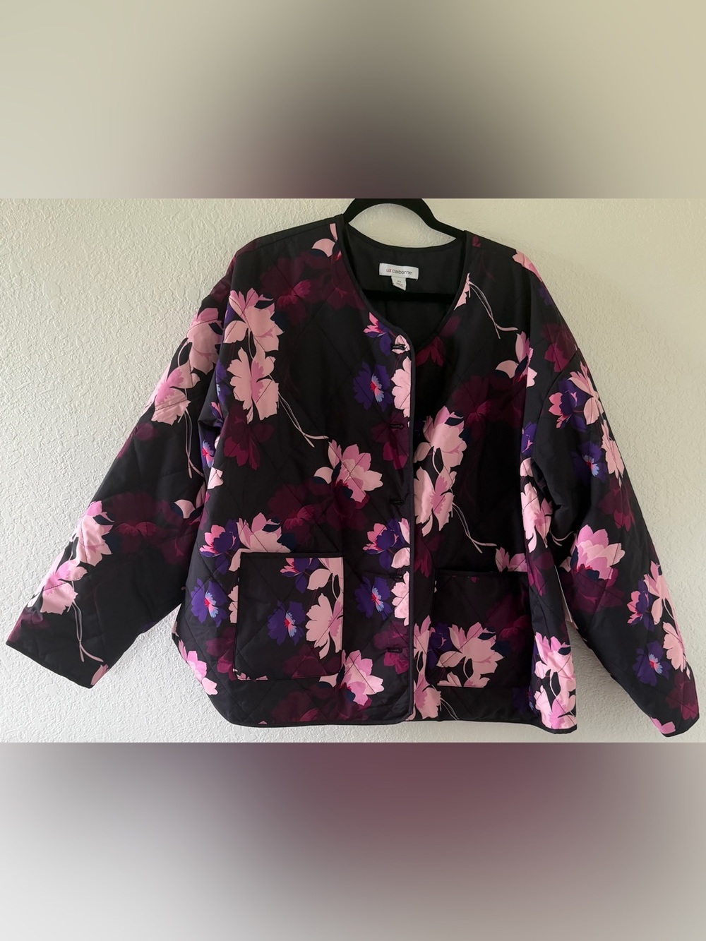 Liz Claiborne Floral Quilted Jacket - Black with Pink & Purple Blooms Size-2XL